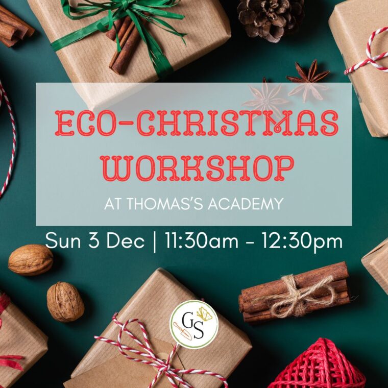 Eco-Christmas Workshop at Thomas's Academy. Sunday 3rd December 11:30am to 12:30pm. Small growing space project logo.