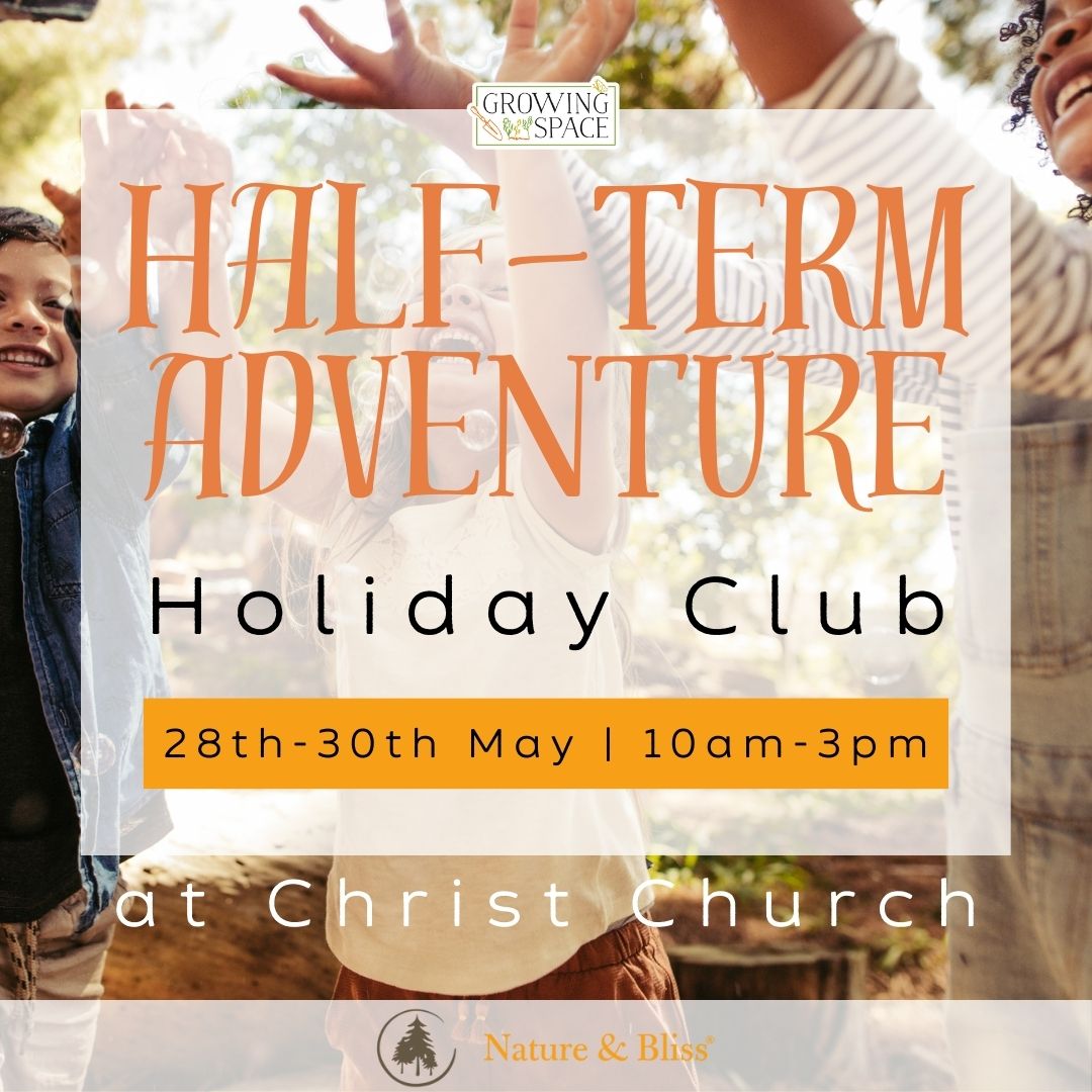 Half-Term Outdoor Adventure Holiday Club at Growing Space Christ Church on 28th to 30th May from 10am to 3pm. Nature & Bliss logo.