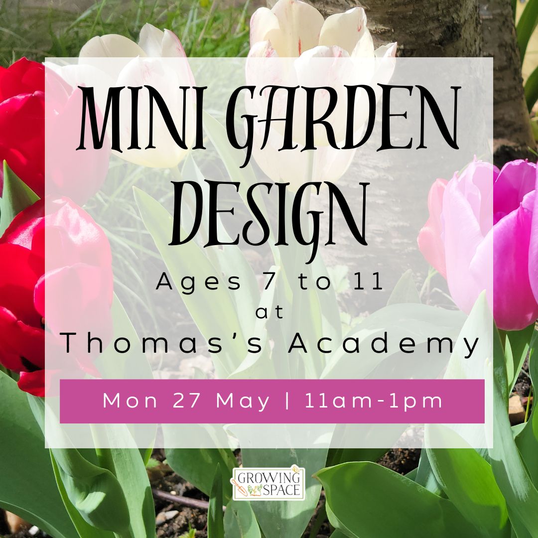 Mini Garden Design Workshop Ages 7 to 11, at Thomas's Academy on Monday 27th May at 11am to 1pm. Growing Space logo.