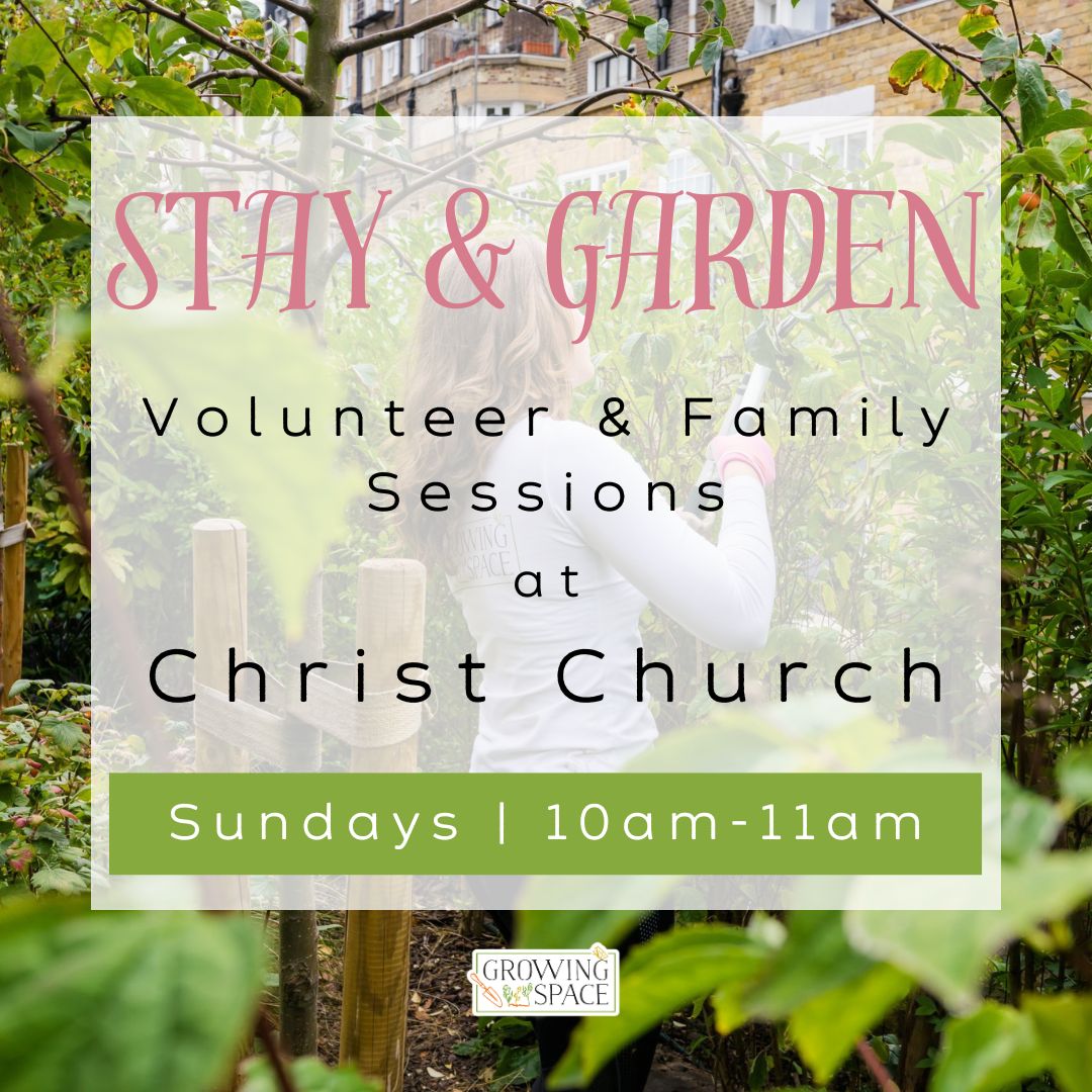 Stay & Garden, Volunteer & Family Sessions at Christ Church, Sundays from 10am to 11am. Growing Space logo.