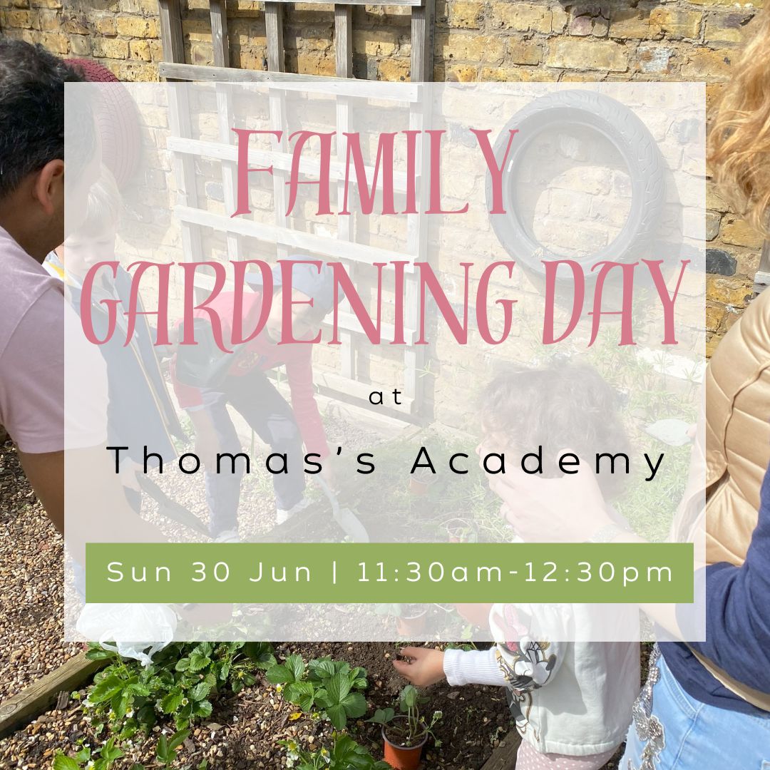 IG family gardening day at Thomas's Academy on Sunday 30th June 11:30am to 12:30pm. Growing Space logo.