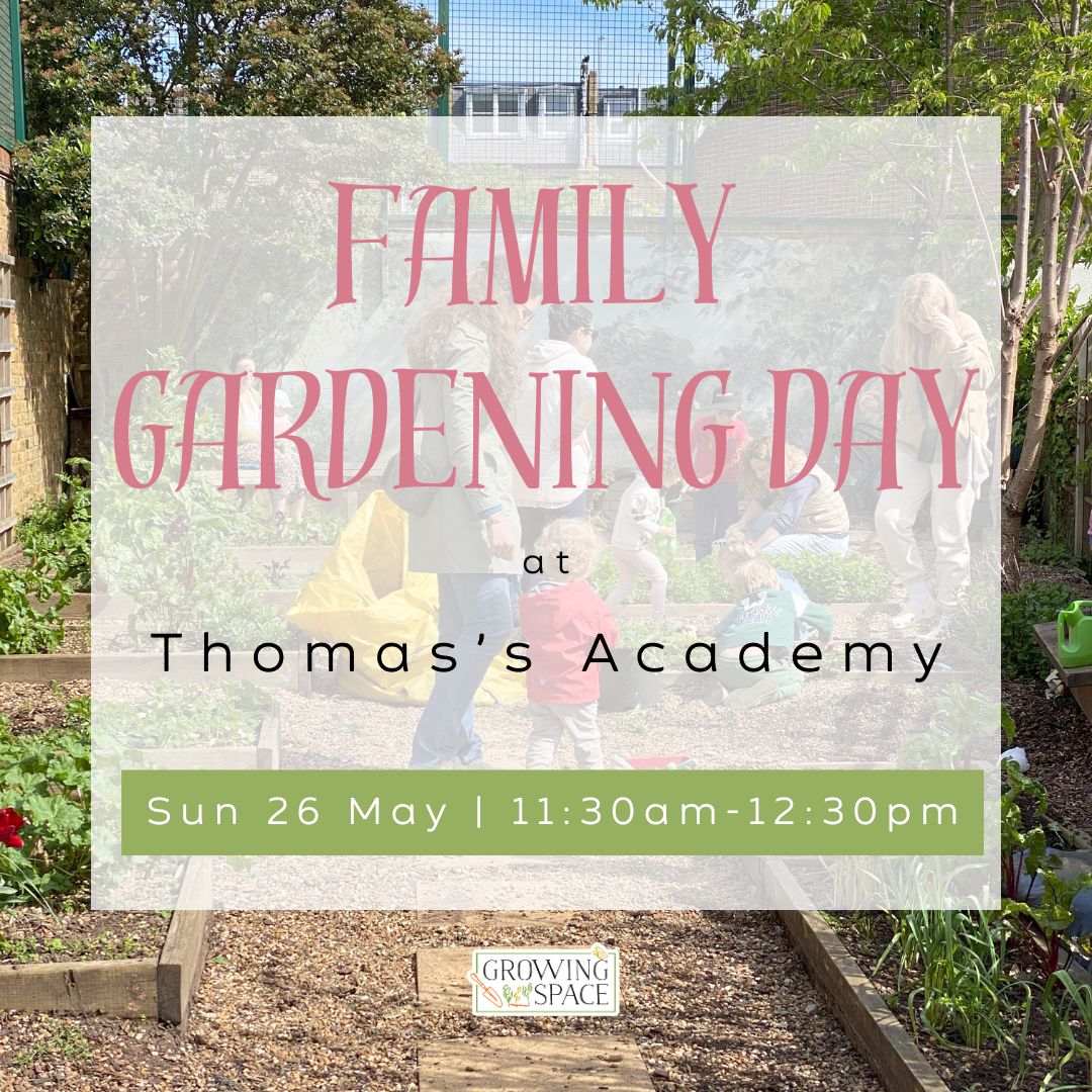 IG family gardening day at Thomas's Academy on Sunday May 26th 11:30am to 12:30pm. Growing Space logo.