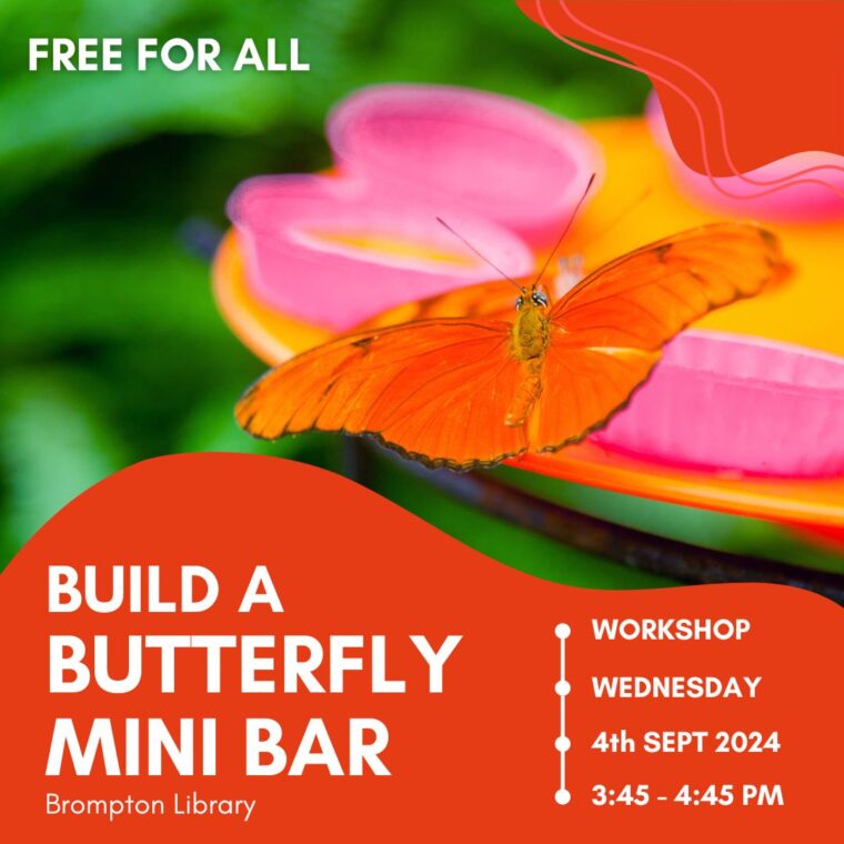 Event graphic: Build a butterfly mini bar workshop at Brompton Library. On wednesday 4th september from 3:45 to 4:45pm. Free for all.