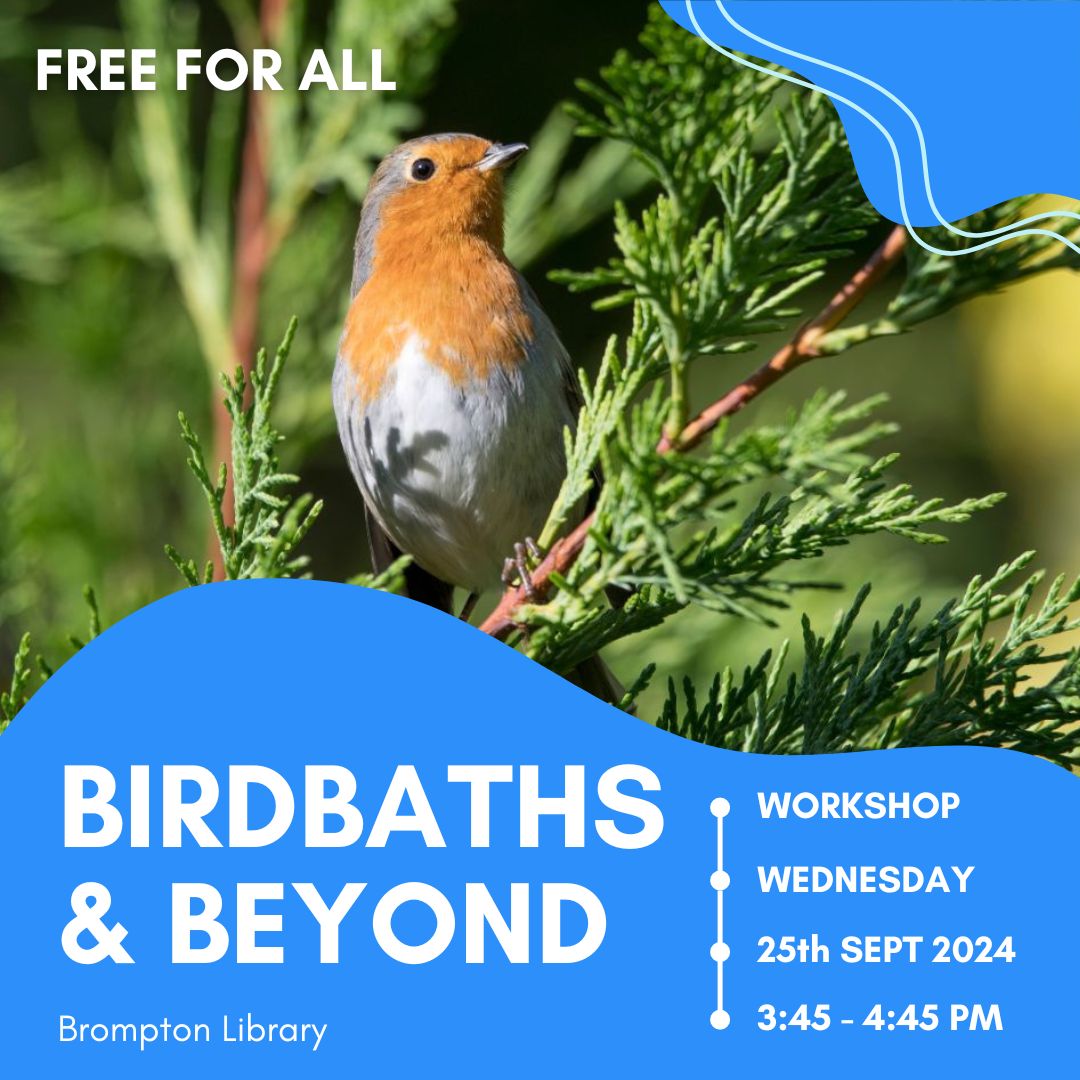 Event graphic: Birdbaths and beyond workshop at Brompton Library. On wednesday 25th september from 3:45 to 4:45pm. Free for all.